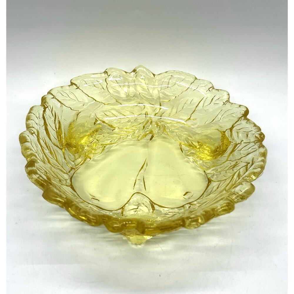 Vintage Tiara Indiana Glass Yellow Mist Sweet Pear Three Footed Candy Dish Bowl